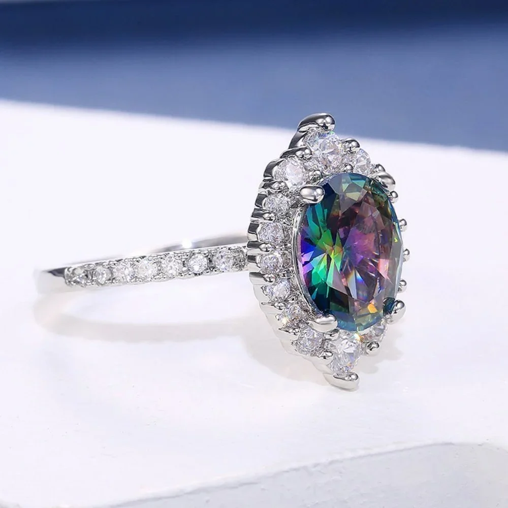 *NEW 925 Sterling Silver Mystic Topaz Halo Ring